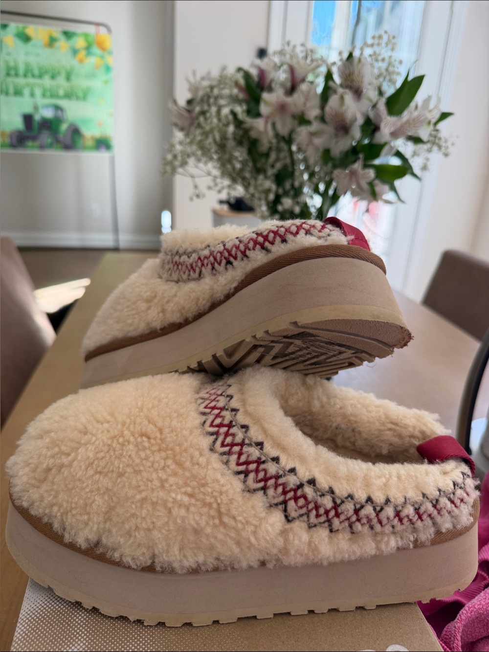 UGG Cream Sherpa Slip-On Platform Slippers with Red Stitching - Picture 1 of 4